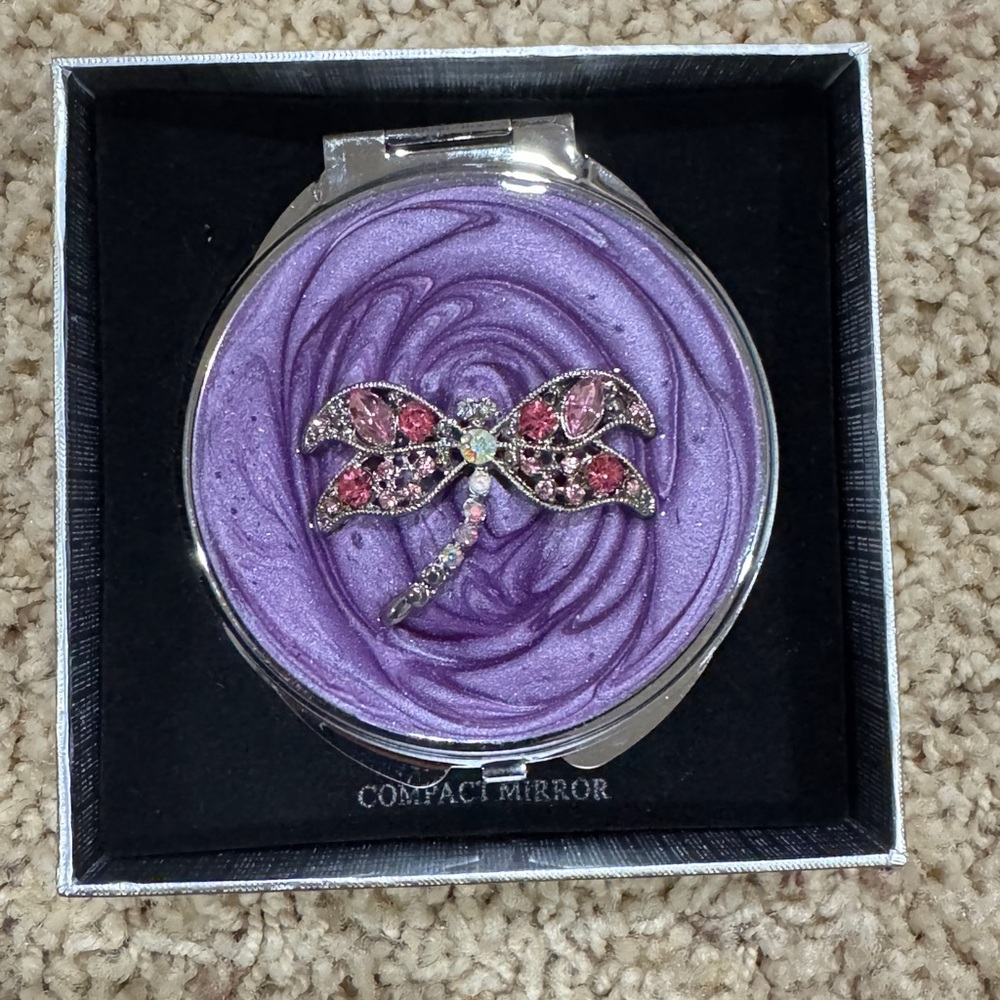NIB Neiman Marcus Purple and Pink Crystal Lucky Dragonfly Compact Mirror